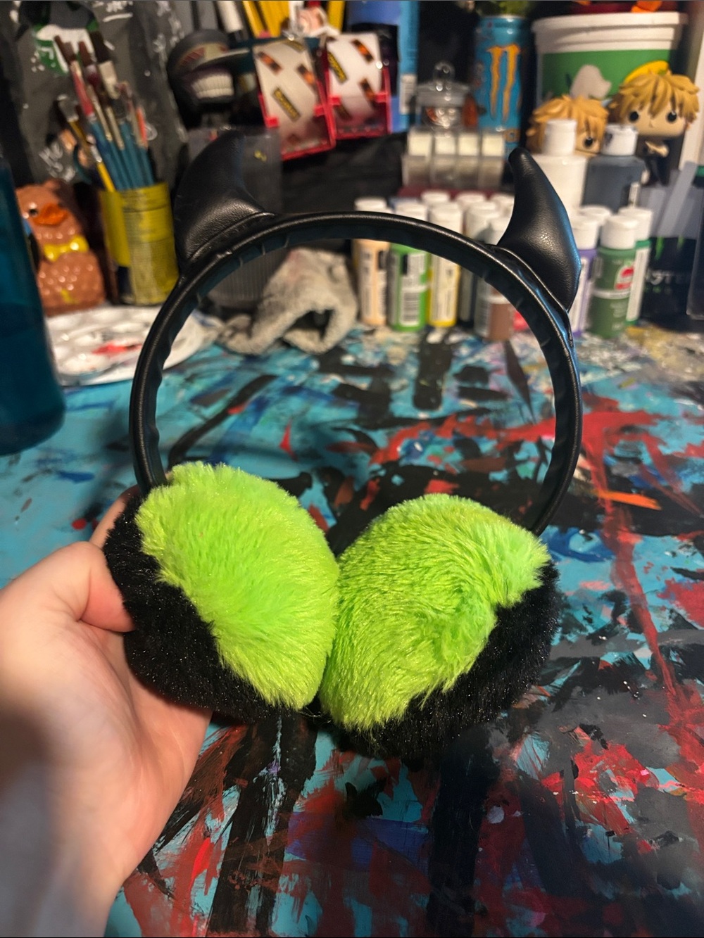 Zumiez Black Devil Ear Headband with Neon Green Furry Earmuffs